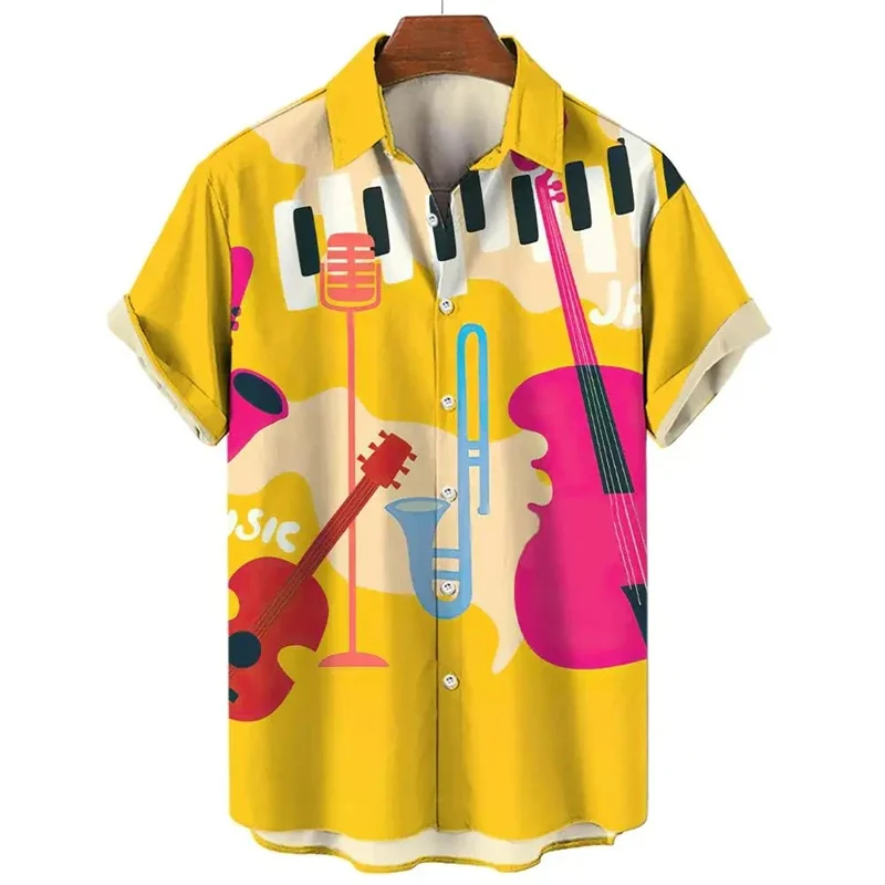 Kleurrijke Muziekinstrument Patroon Hawaiian Shirt Mannen Gitaar Viool 3d Print Aloha Shirts Korte Mouw Casual Tops Revers Blouse