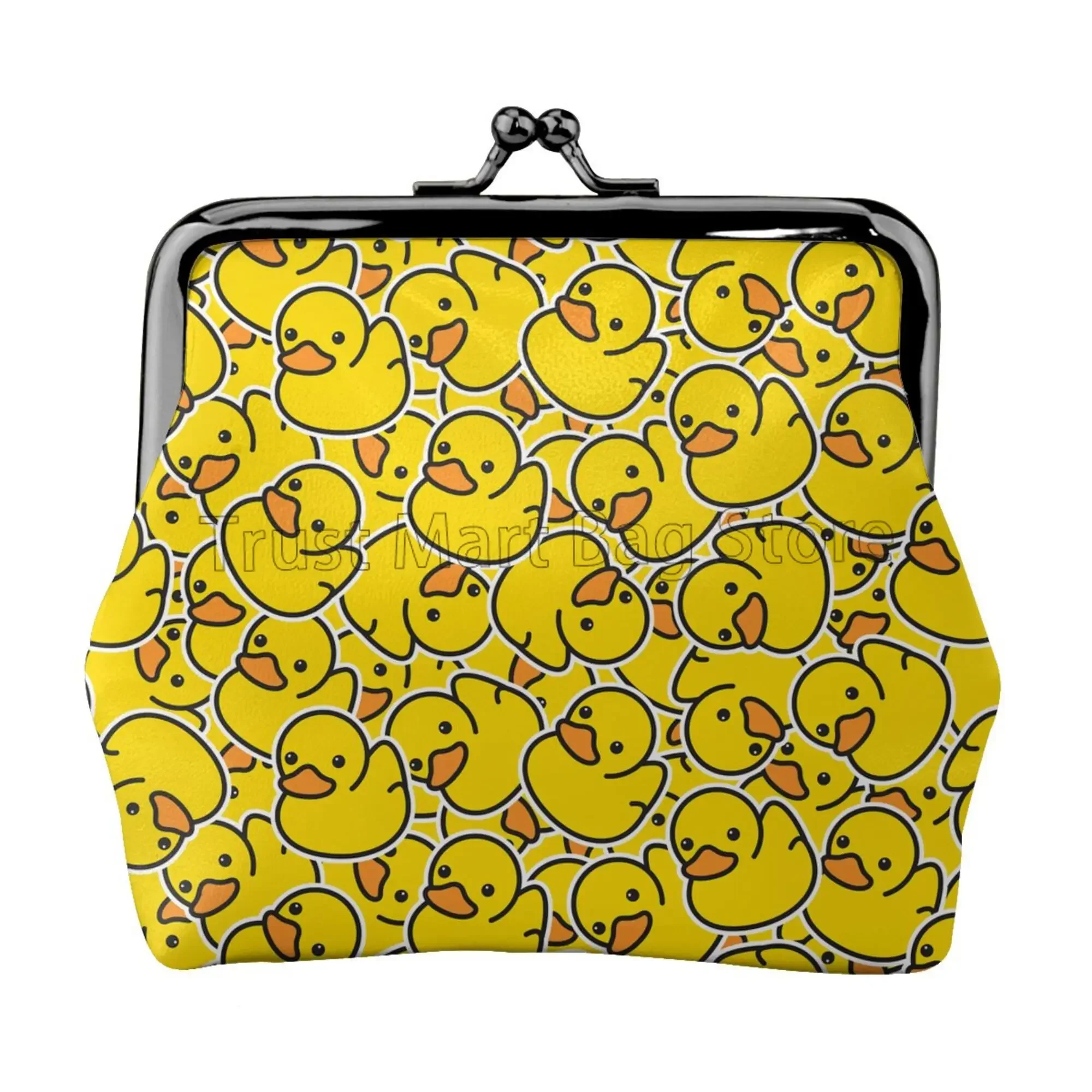 Cute Yellow Duck Print Leather Coin Purse Kawaii Small Kiss-Lock Change Pouch Clasp Closure Buckle Wallet for Women Girls Gift