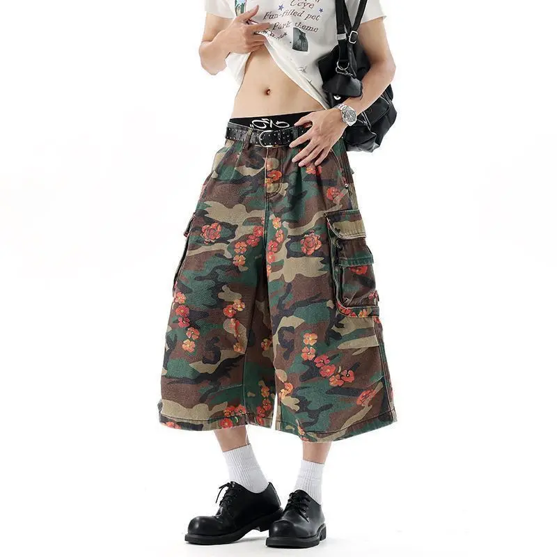 Summer Men's Flower Camouflage Design Cargo Shorts Cool Boys Wide Leg Vintage Casual Bottom Male High Waist Cropped Pants