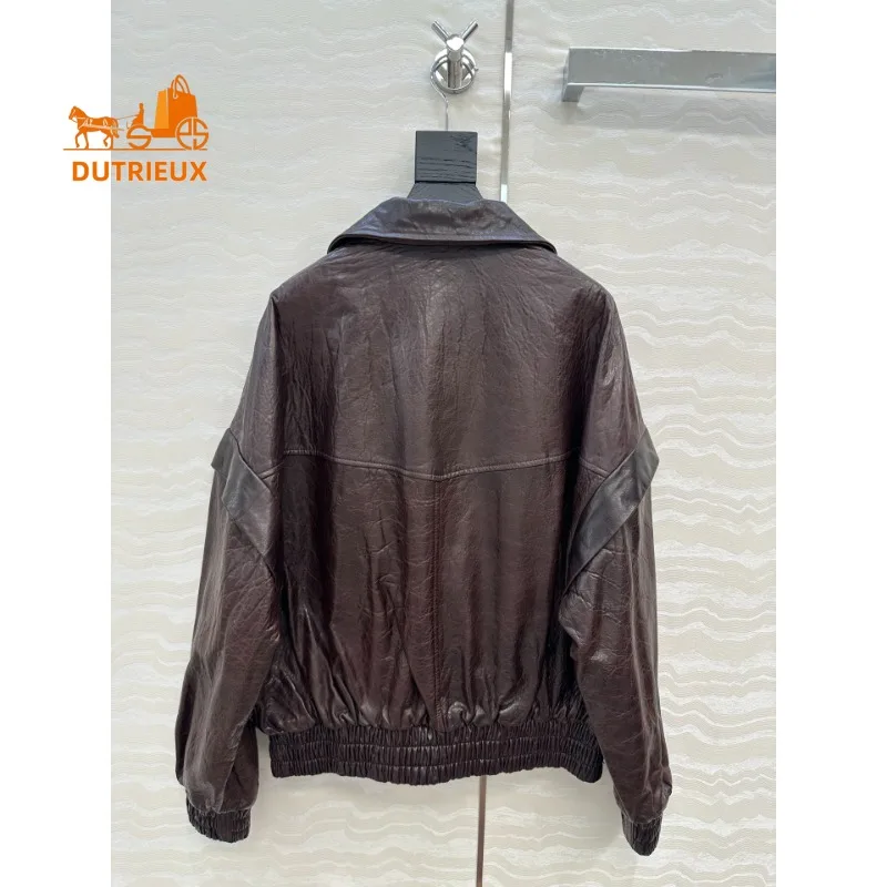 Winter Motorcycle Loose Double Pocket Leather Jacket with Old Retro Style, 100% Sheepskin Heavy Leather Jacket for Men and Women