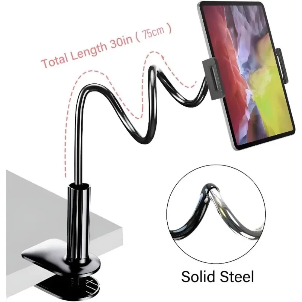 Flexible Tablet Stand Holder with Clip Mount Solid Steel Arm for iPad iPhone Kindle Samsung Galaxy Adjustable Desk Clamp for Bed