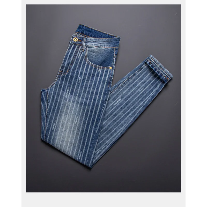 2025 New Men's Jeans Summer Thin Fashion Gentleman Stripe Printed Slim fit Small Foot Casual Pants