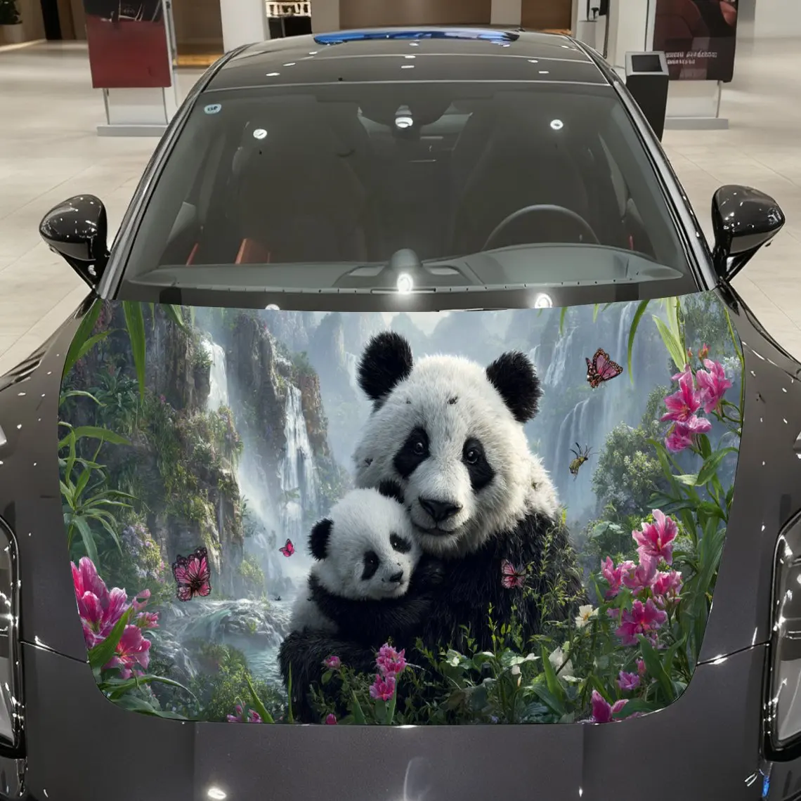 

Floral Panda Pair Auto Cover Sticker, Waterproof and Self-adhesive Auto Hood Decal, Auto Vinyl Wraps, Cool Car Exterior Decal, H