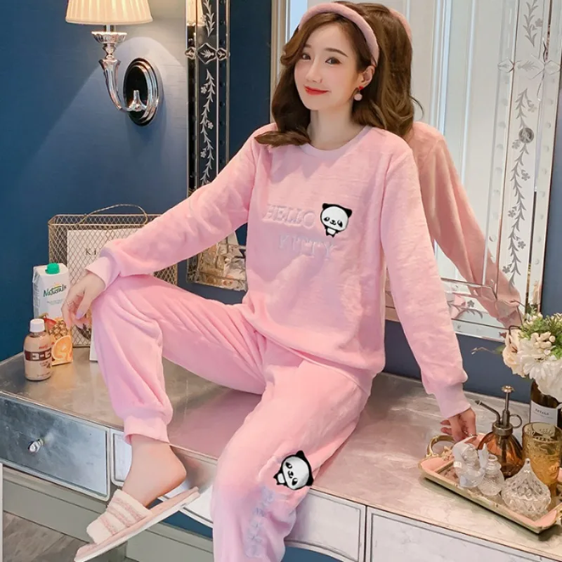 

Thickened Warm Flannel Women Pajamas Loungewear Striped Top and Trousers Sleepwear Homewear Cartoon Rabbit Panda Print Nightwear