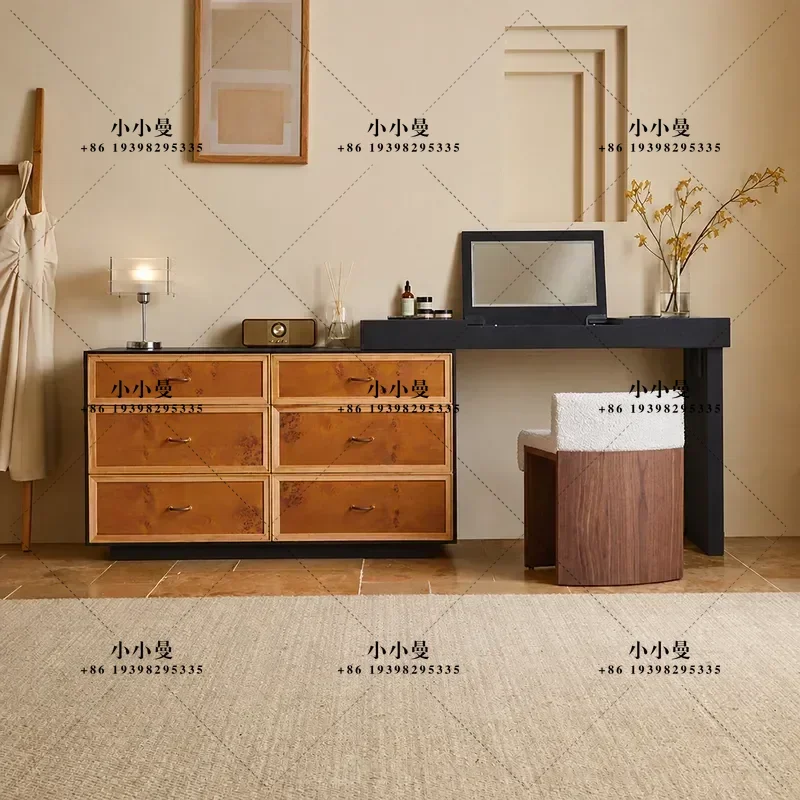 for Modern Simple Solid Wood Dresser with Integrated Makeup Mirror Telescopic Rotating Vanity Table Customizable Bedroom