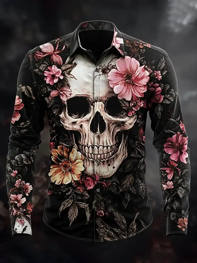 Mens Long Sleeve Button Up Hallloween Shirt Flower Skull 3d Print Hawaiian Shirt Men Women Fashion New Design Blouse Fit Camisas