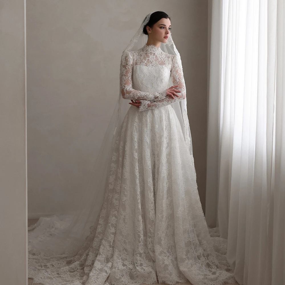

Elegant Civil Wedding Dresses High Collar Long Sleeve Bride Dress Lace A-Line Sweep Train Bridal Gown Customized robe de mariée