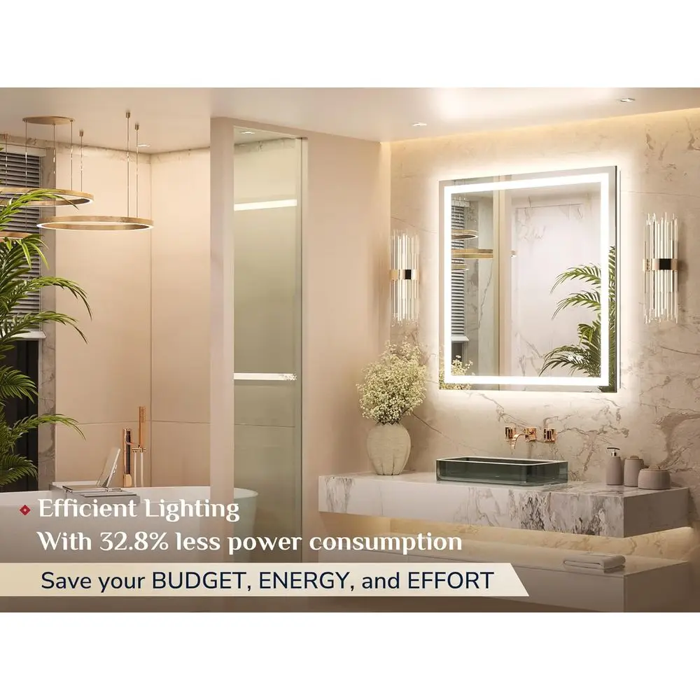 مرآة حمام بإضاءة خلفية LED مقاس 36 × 32 مع مضادة للضباب، تعتيم بدون خطوات، ودرجة حرارة 3 ألوان، وزجاج مقسى عالي الدقة