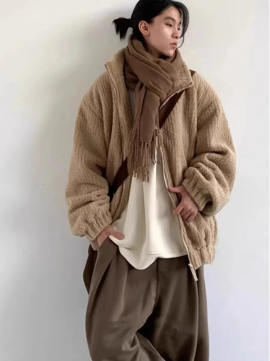 

Ретро-куртка унисекс из хлопка с воротником-стойкой и отделкой из овечьего велюра, свободного кроя, базовая повседневная верхняя одежда для мужчин и женщин, осень-зима, в японском стиле