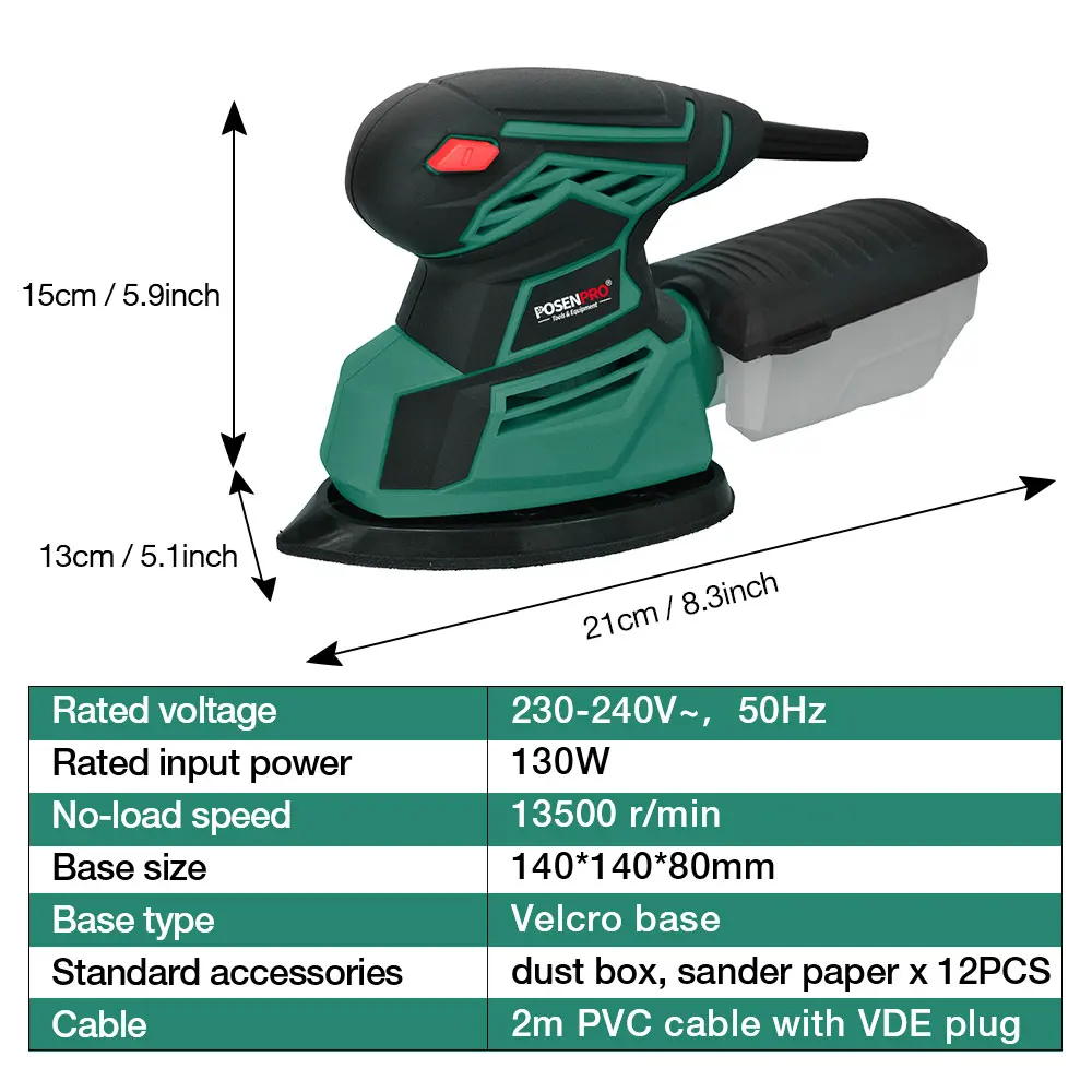 130W Electric Multi Detail Sander with Dust Extraction Port and 12pcs Sander Paper for Home Decoration and Furniture Processing