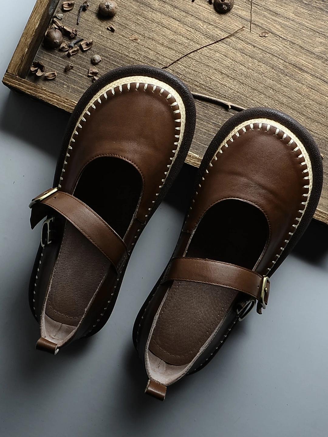 Handmade Cotton Linen Single Shoes round Toe Spring 2026 Women's Fashion Flat Rubber Sole Leather Strap Mary Jane Shoes