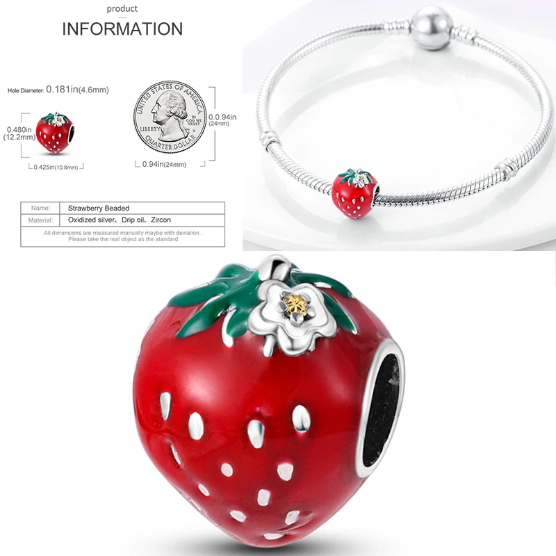 Frucht-Charm 925 Sterling Silber Erdbeere Kirsche Avocado Perlenanhänger Passend für Europäische Armbänder DIY Damenschmuck Geschenk 2026 – Detail 12
