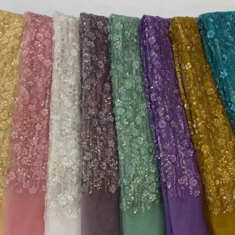Tela de encaje de tul bordado con lentejuelas rosas brillantes, 1 yarda, para vestido de novia, vestido de fiesta nigeriano, costura Diy