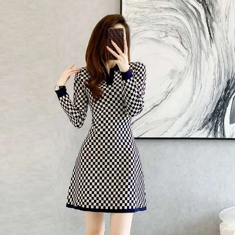 #0959 Spring Autumn Plaid Knitted Dress Women Polo Collar Office A-line Sweater Dress Sexy Office Short Dress Female High Waist