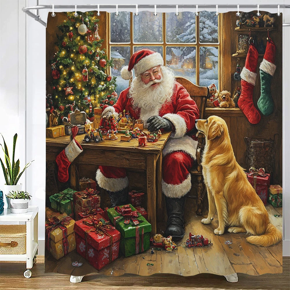 

Christmas Santa Claus Shower Curtain, Bathroom Decorative Christmas Shower Curtain, Waterproof Shower Curtain with Hooks
