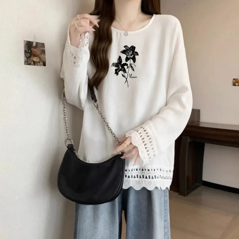 Women Plus Size Floral Print Crew Neck Long Sleeve Top Autumn Winter Lace Patchwork Loose Casual Blouse S 6XL