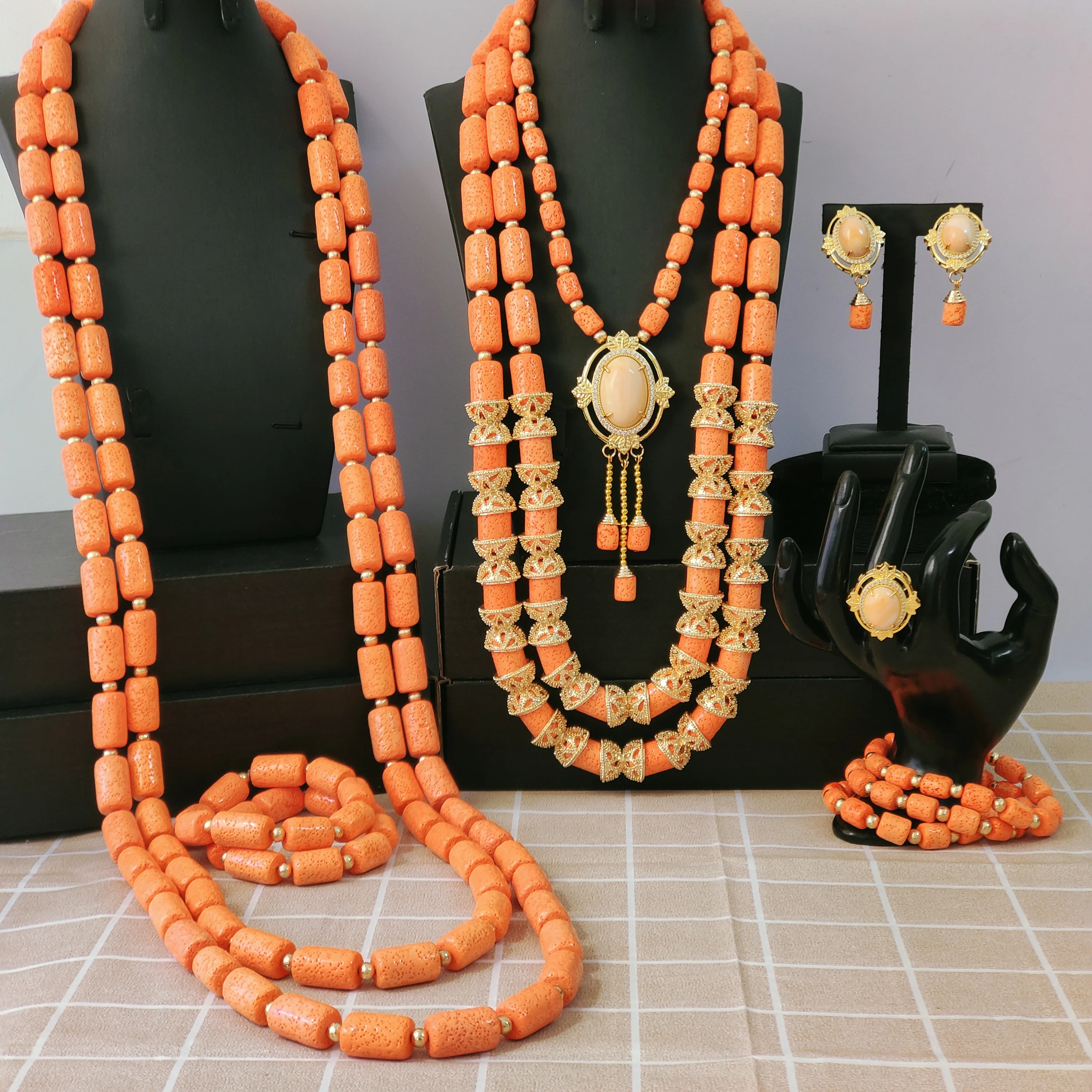 Nigerian coral bead couple set, African beads jewelry set
