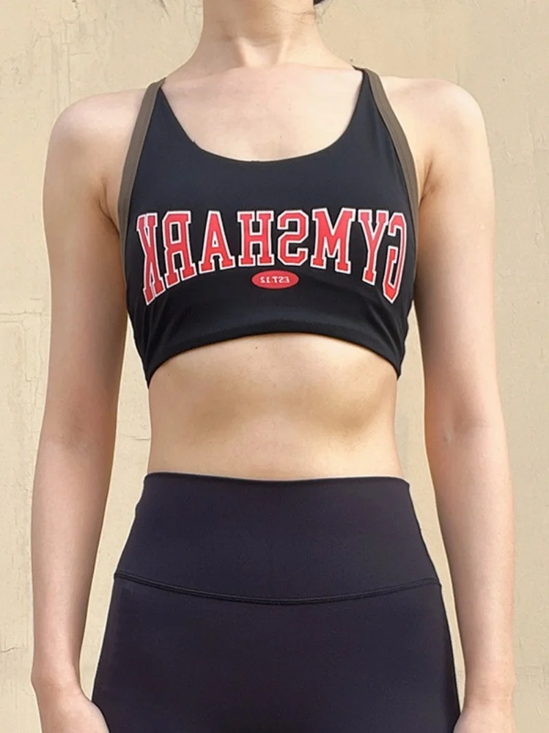 

English Letters Print Color Block Tight Elastic Women's Yoga Bras Sexy T Back Soft Breathable High Strength Sports Fitness Vest