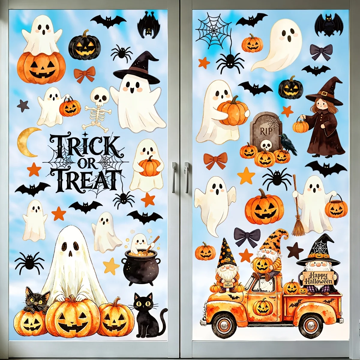 6 Sheets Halloween Static Window Clings, No Glue Window Stickers, Watercolor Pumpkin Ghost Witch Gnome Spider Web Tombstone.