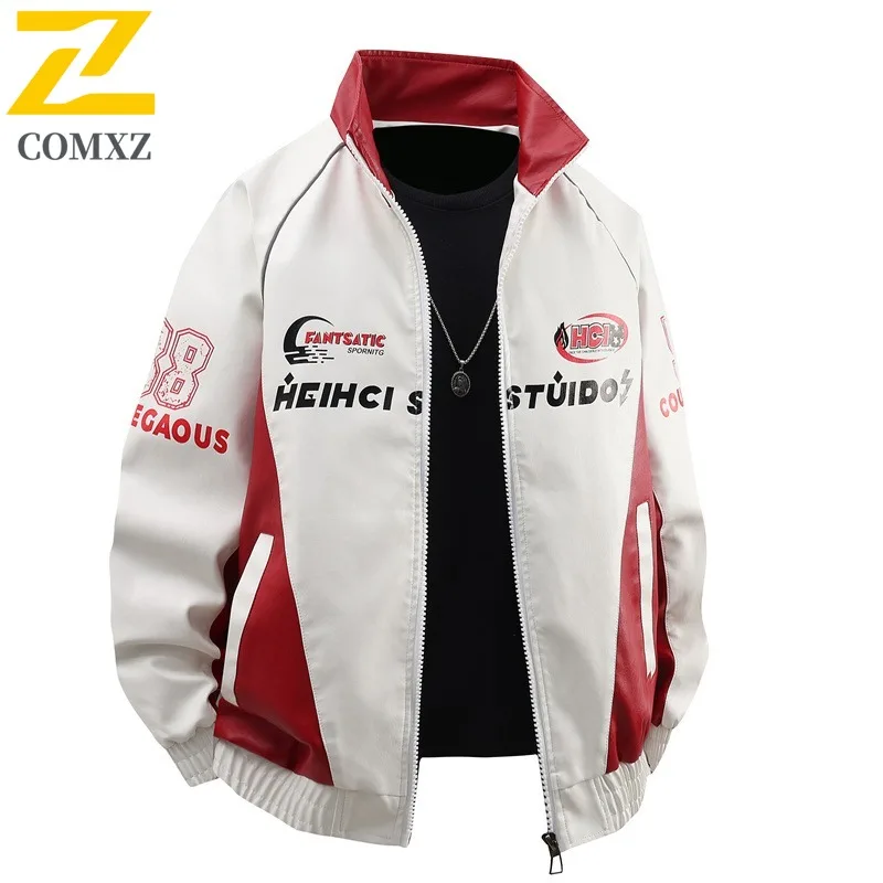 

COMXZ Мужская кожаная куртка премиум-класса с воротником-стойкой Американская легкая мотоциклетная куртка с буквенным дизайном Комфортное ветрозащитное осеннее пальто