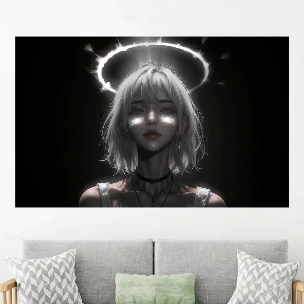Gothic Dark Angel Tapestry Glowing Halo Anime Girl Wall Hanging Art for Dorm Bedroom Dark Aesthetic Room Home Decoration