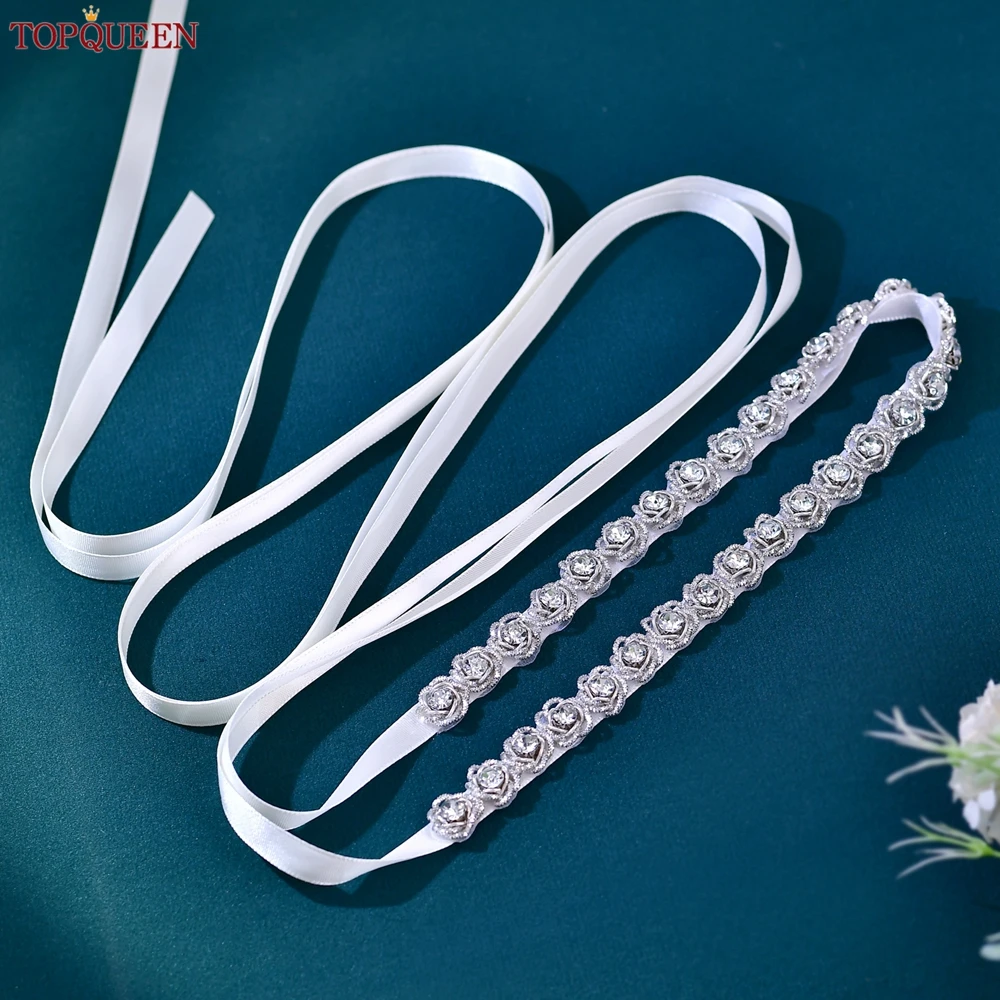 TOPQUEEN New Designed Evening Dress Belt Bride Thin Belt Silver Rhinestone Flower Long Applique Bridesmaid Waist Seal Gift S143