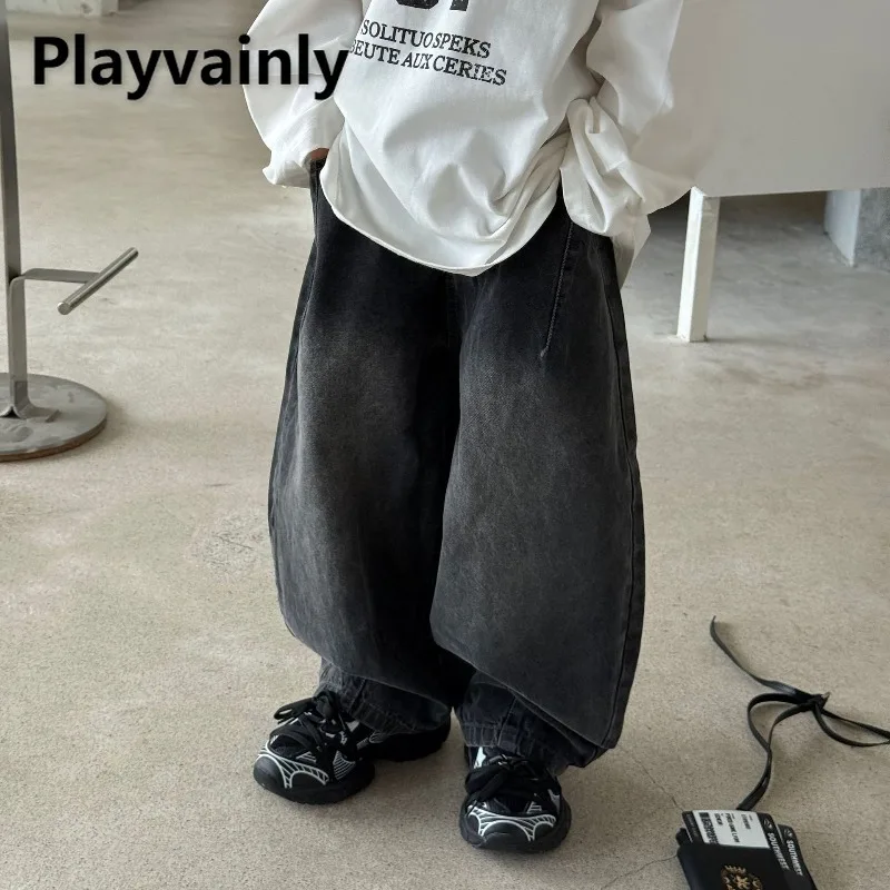 

Boys Fashion Versatile Curved Hem Jeans Children Spring Autumn Black Denim Pants Korean Style Kids Loose Wide Leg Trousers A5720