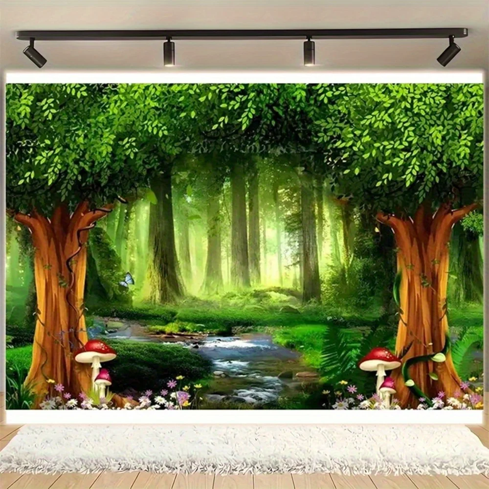 Enchanted Forest Backdrop With Mushrooms Stream And Trees For Birthday Party Photo Booth Decoration