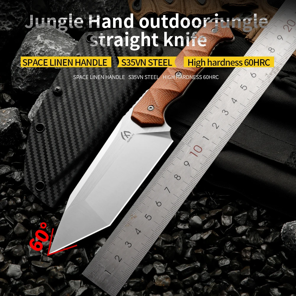 Wilderness Husband Linen Handle Integrated Outdoor Knife Wilderness Survival Knife S35VN Steel High Hardness Outdoor Mountaineer