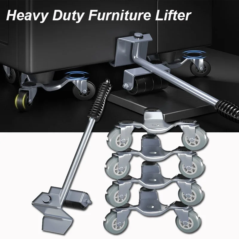 

5Pc Heavy Duty Furniture Lifter Transport Tool Furniture Mover set 4 Move Roller 1 Wheel Bar for Lifting Moving Furniture Helper