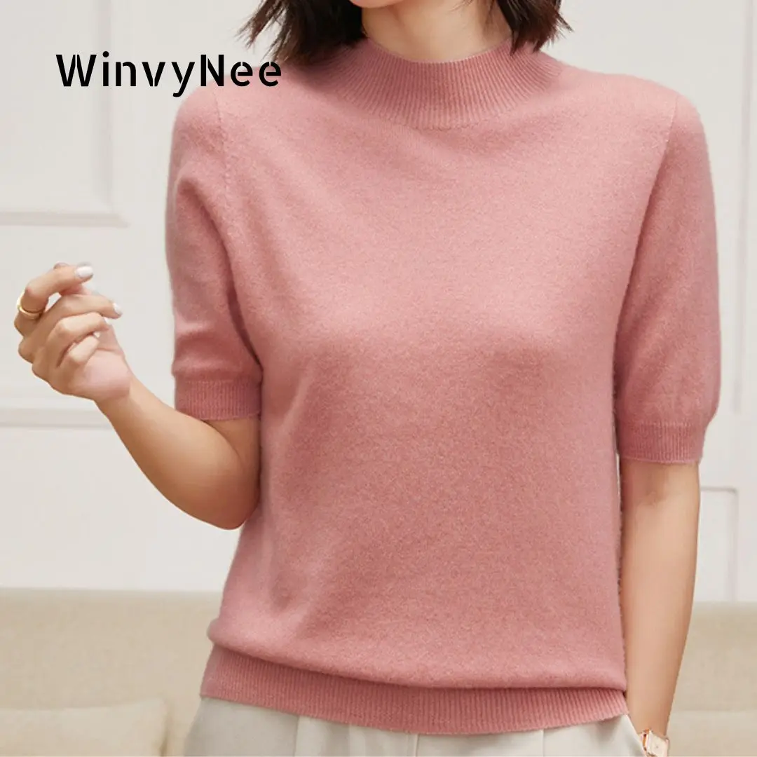 WinvyNee Women Wool Sweater Short Sleeve O neck Summer Sweaters Solid Knitwear Turtleneck Pullover Female Tops Autumn A1044012