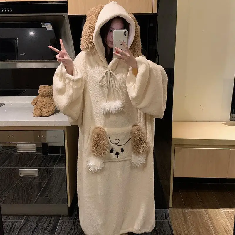 

New Winter Women's Pajama Coral Fleece Nightgown Thickened Warm Flannel Hooded Robe with Pockets Home Wear Girl Nightdress