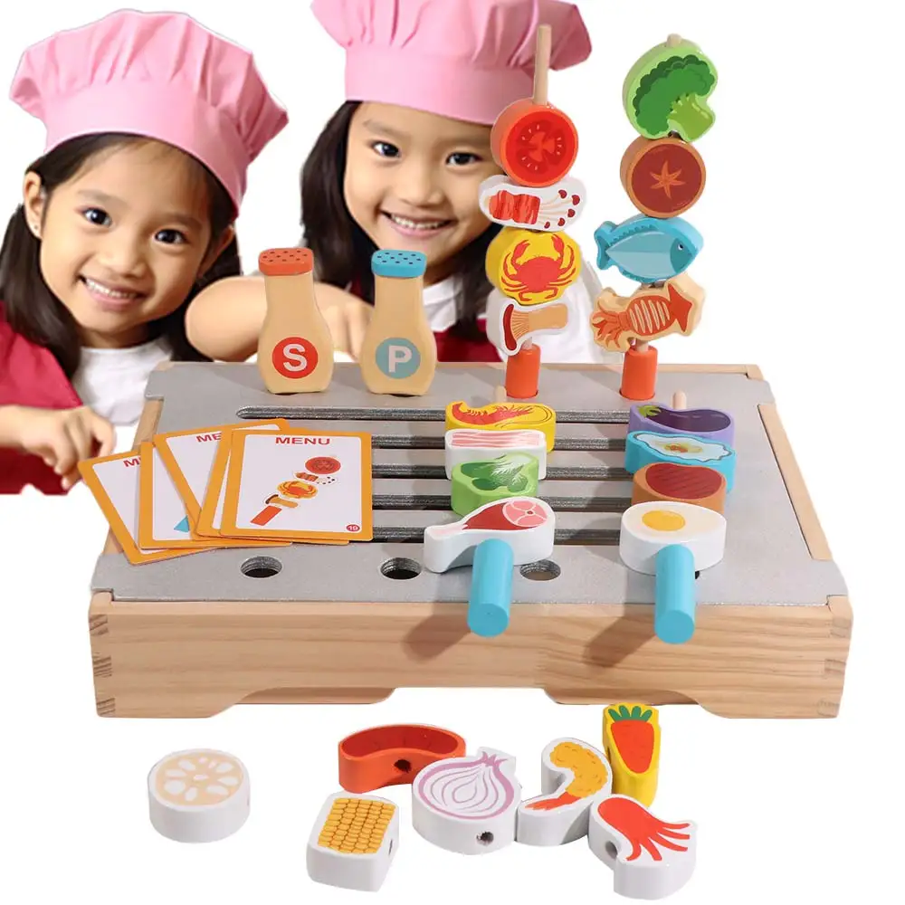 Wooden Pretend Play Kitchen Play House Simulation Food Simulated Barbecue Set Exquisite Cognitive Pretend Cooking Children