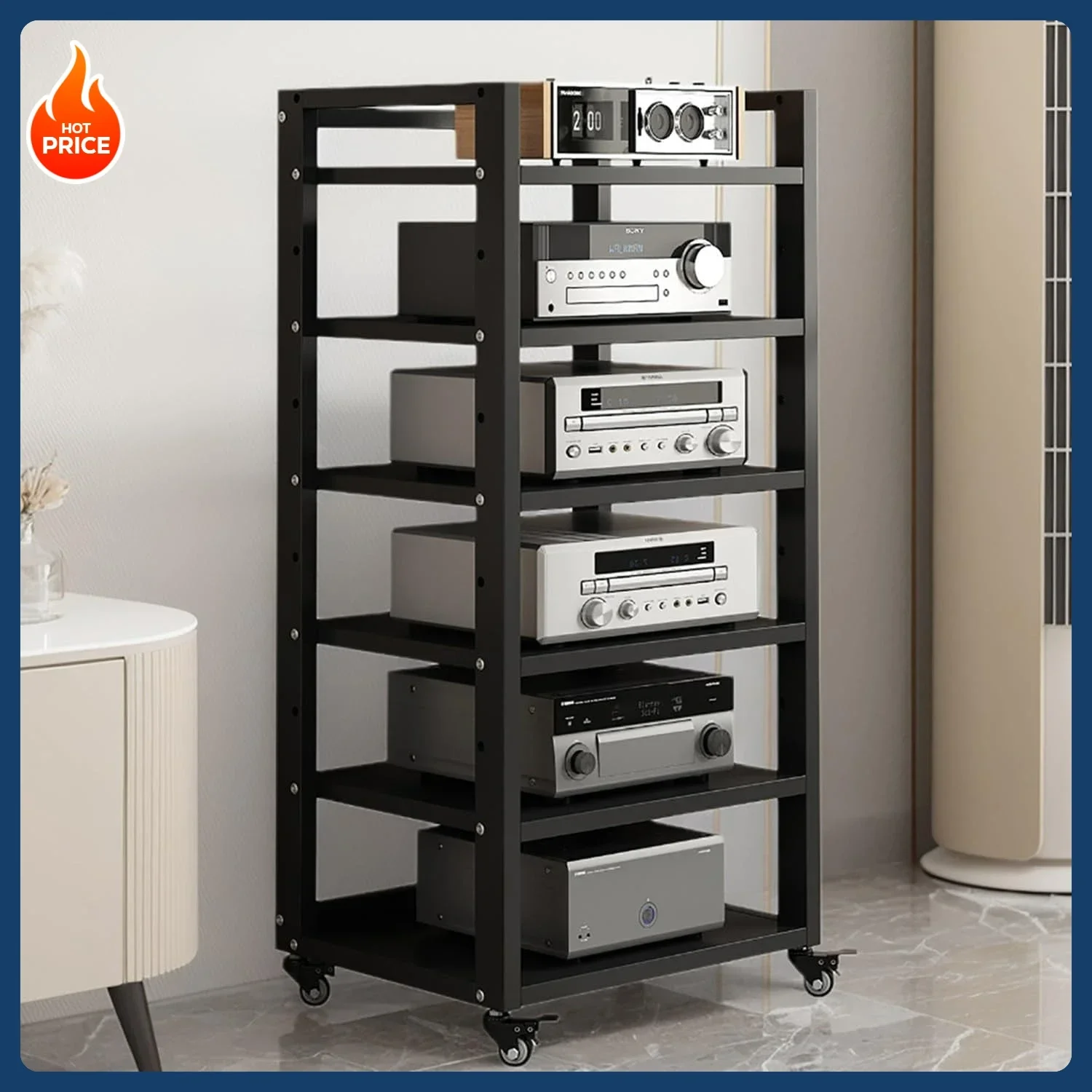 [New Arrival!]6 Tier AV Media Stand, Movable Record Player DVD CD Audio Rack Tower Holder, Adjustable Entertainment Video Game E