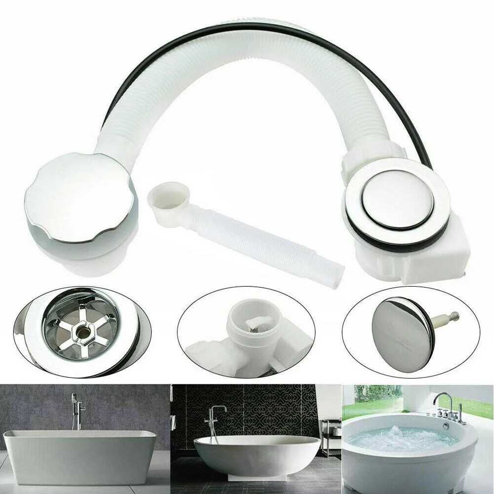 Bath Waste Pipe 55cm Concealed Bath Overflow Waste Pop-Up Plug Plastic Drain Tube Strainer Bathroom Kit Home Supplies