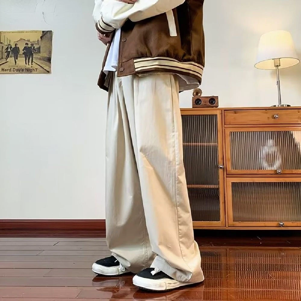 

Baggy Men Spring Autumn New Solid Color Straight Overalls Trousers Man Loose Wide Leg Pants Male Long Casual Cargo Pants F94