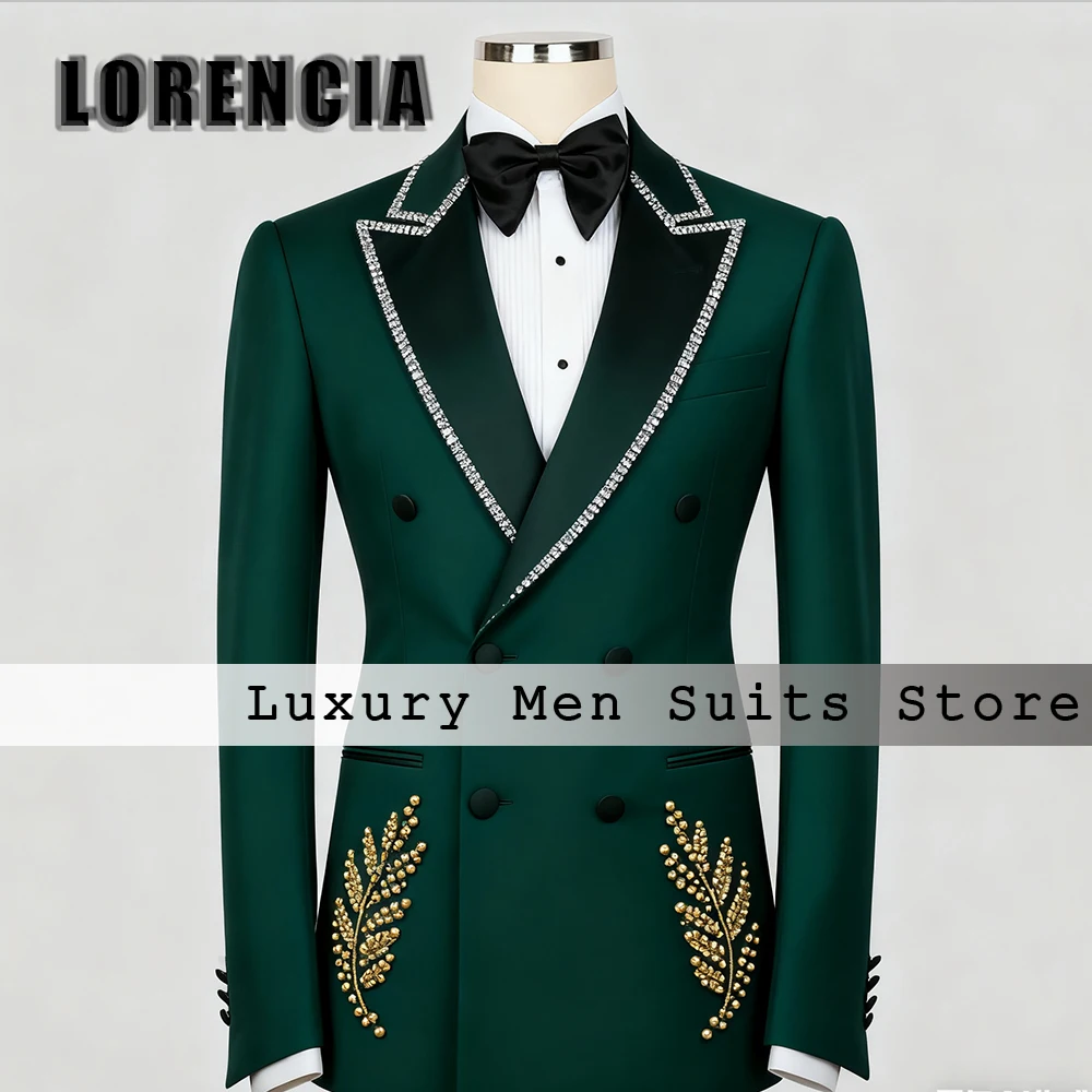 

Luxury Crystal Suits for Male 2 Pcs Double Breasted Evening Party Beading Tuxedos Set Customized Blazer Pants disfraz de hombre