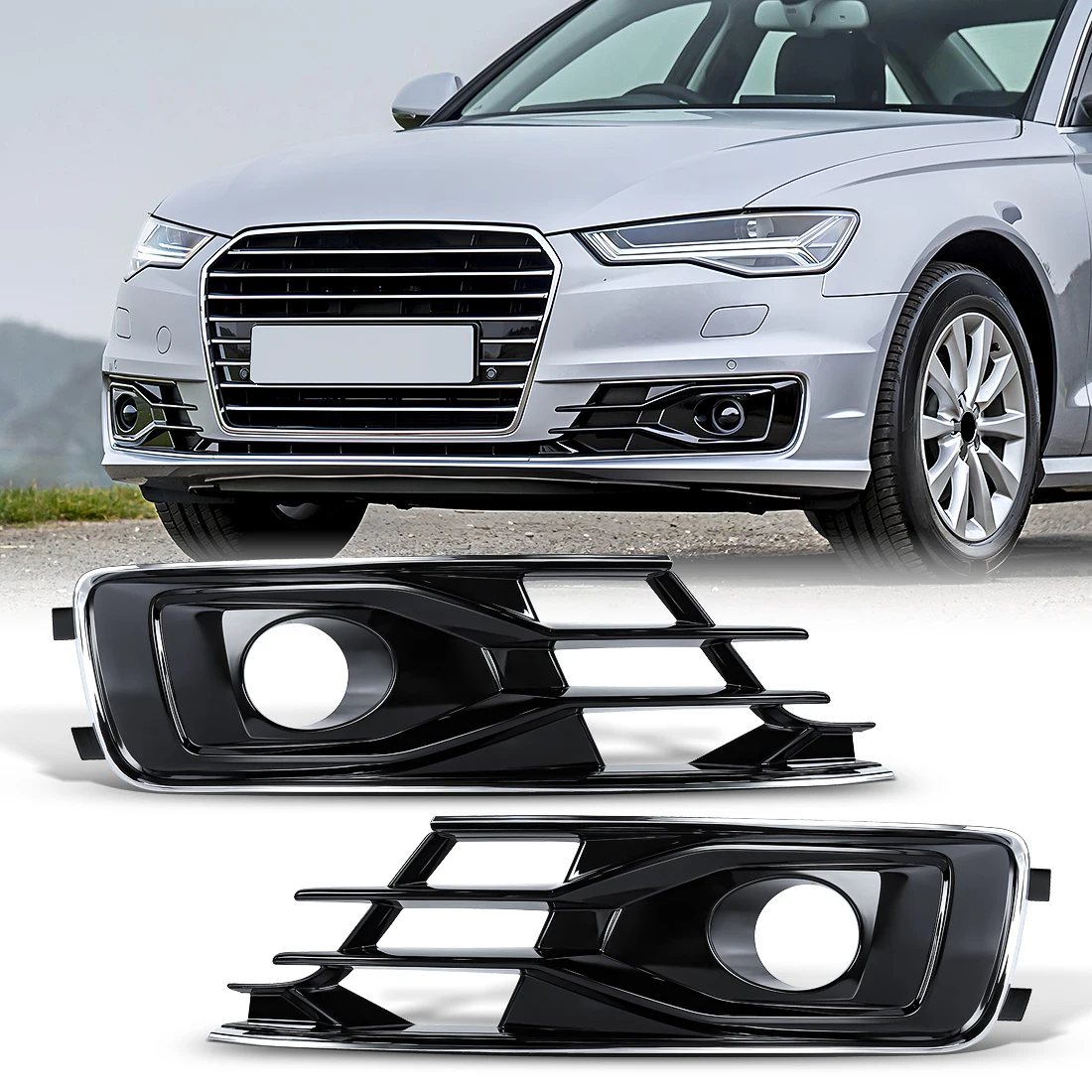 

Решетка противотуманной фары для Audi A6 C7 2016 2017 2018, крышка переднего бампера, противотуманная фара, рамка, украшение автомобиля, хромированная отделка 4G0807647A 4G0807648A