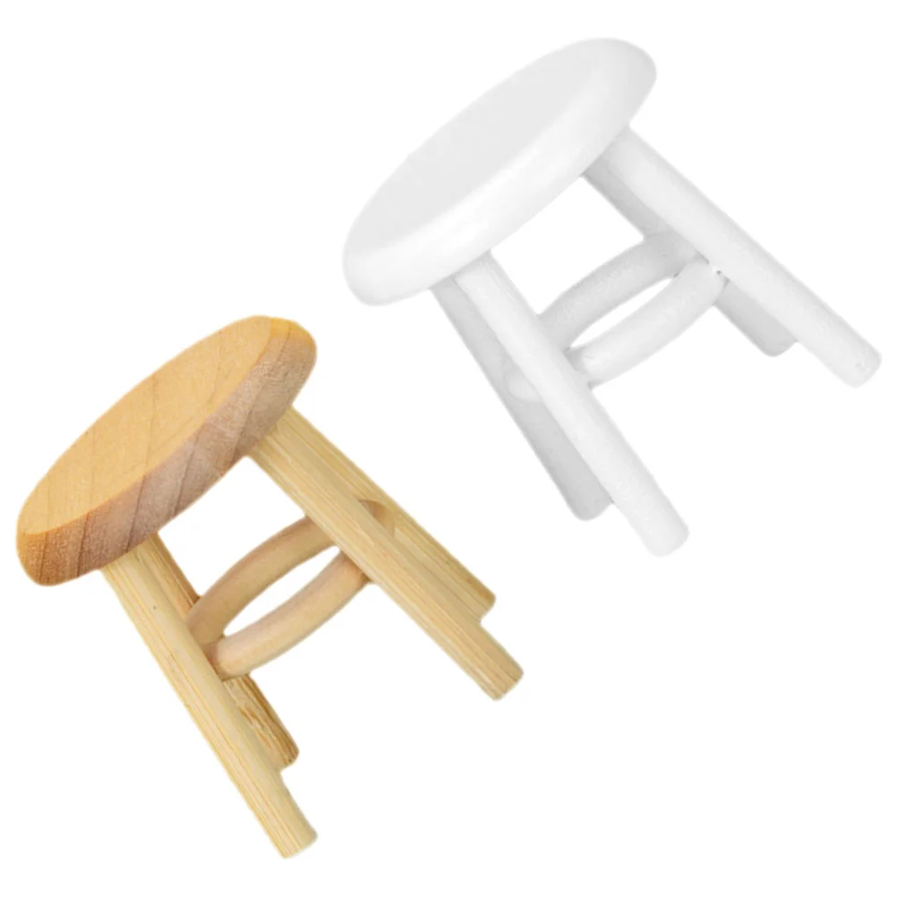 Mini House Chair 1:12 Furniture Model High Stool Ornaments Miniature Play Accessories (wood Color + White) 2pcs Barstools