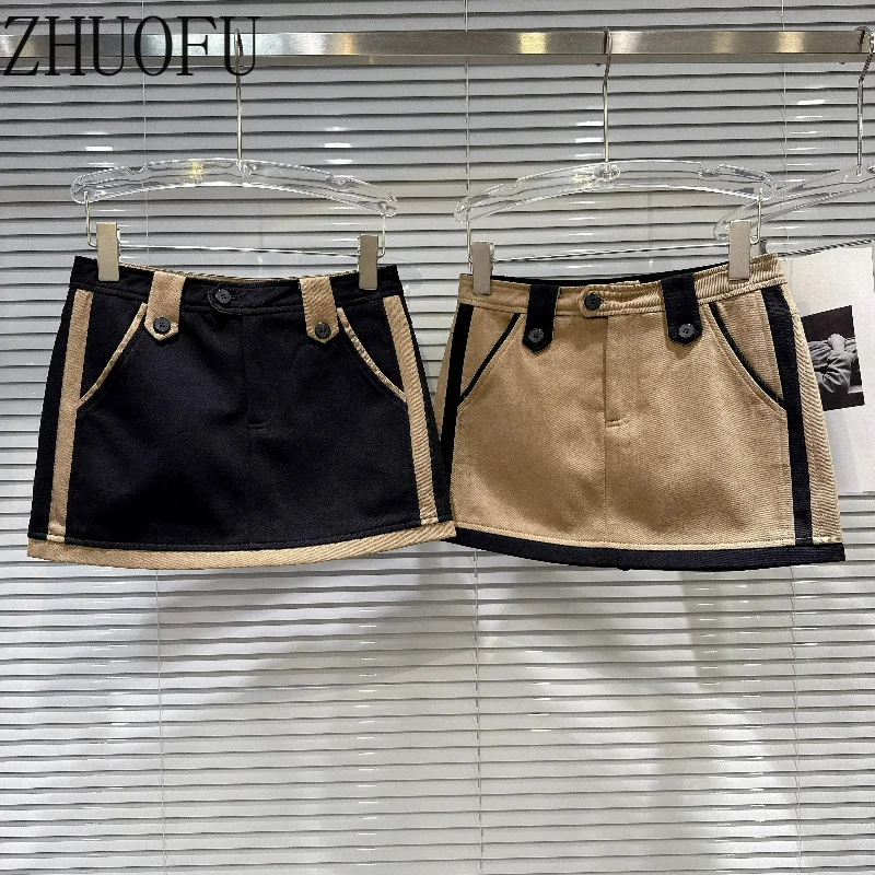 American Retro Style Design Splicing Women's Mini Skirt Autumn New Sweet Temperament Mid-waist Versatile A-line Skirts Ladies