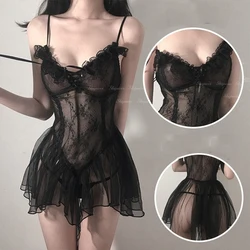 Lingerie sexy de renda preta para mulheres, camisola curta, lingerie em perspectiva, vestido fino suspensor, traje exótico lolita, terno sexual, 18