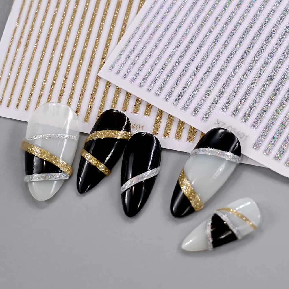 2 szt. Naklejki na paznokcie 3D z brokatowymi liniami, holograficzne złote, srebrne, czarne, proste paski, metaliczne linie, slidery do paznokci, dekoracje do manicure