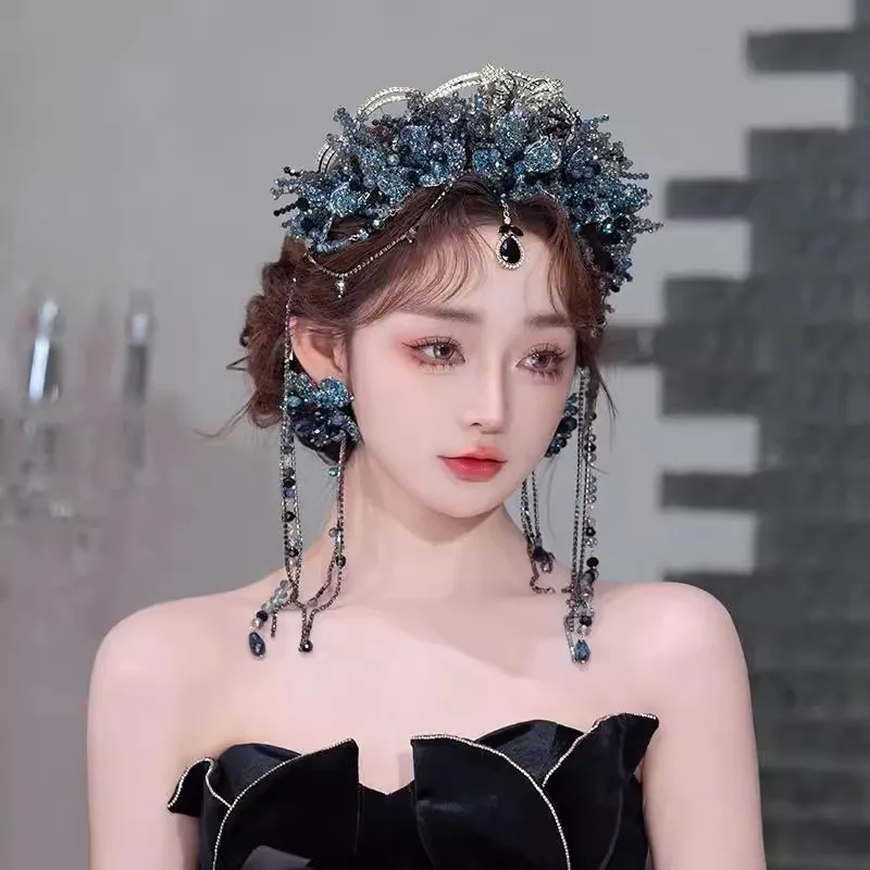 Luxurious Black Crystal Hair Crown Handmade Bridal Banquet Evening Dress Hair Accessory for Makeup Travel Photography