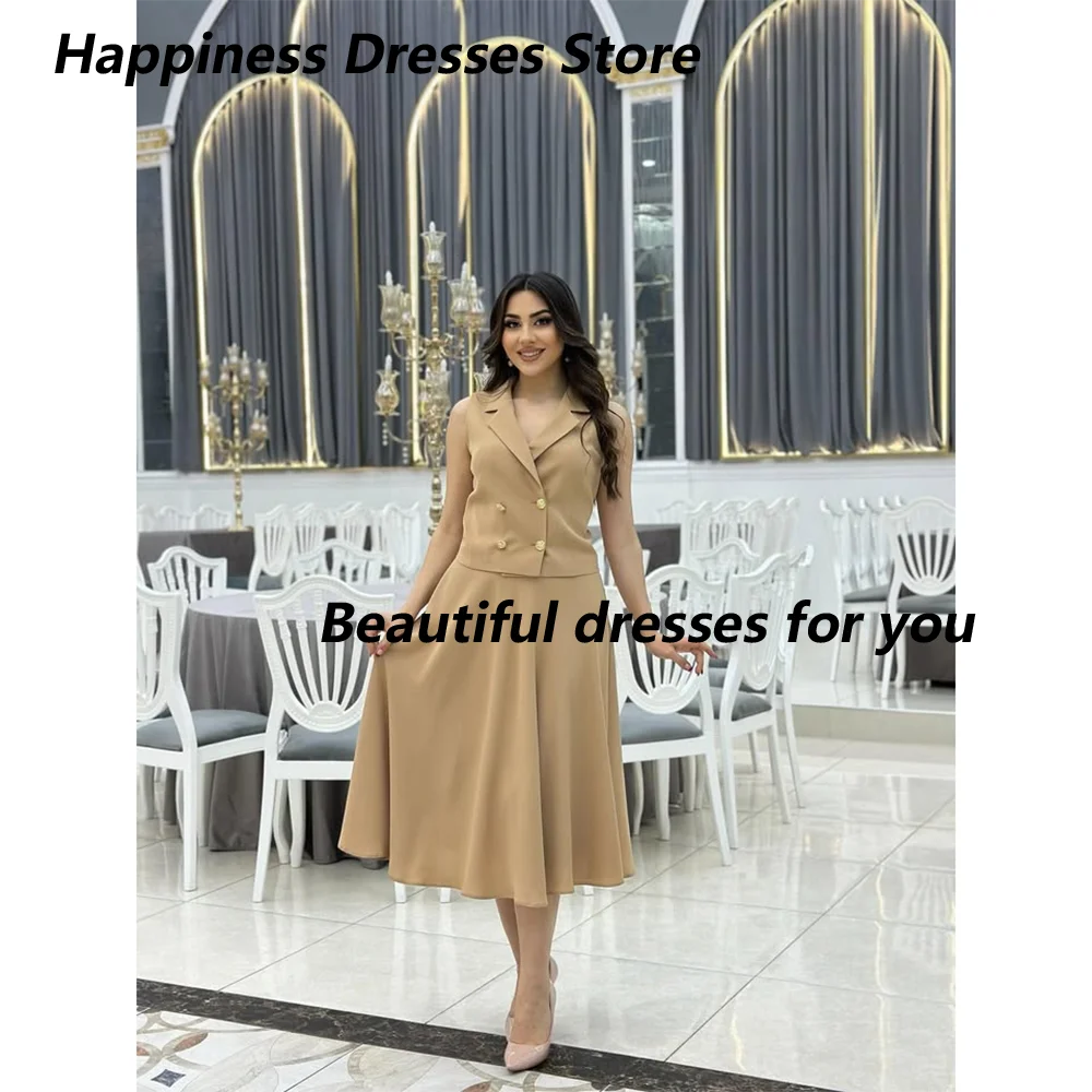 

Champagne Midi Prom Dresses for Women V-Neck Tea Length A-Line Special Events Wedding Gala Evening Party Dress Customized