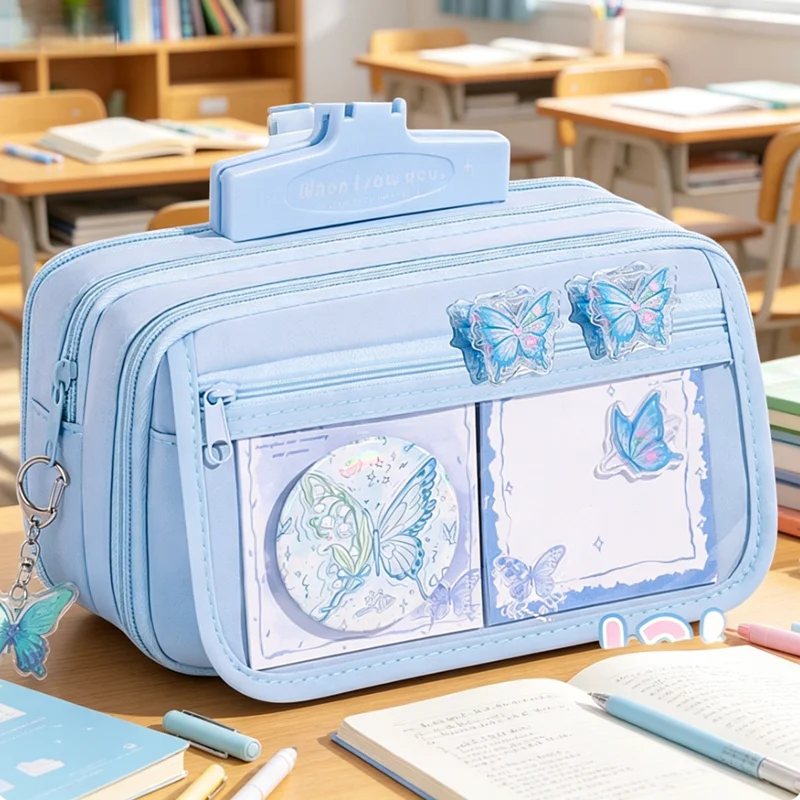 Double Zipper Multi-layer Pencil Case, Clear Front Window Butterfly Decor Pen Pouch with Inner Mesh Compartments
