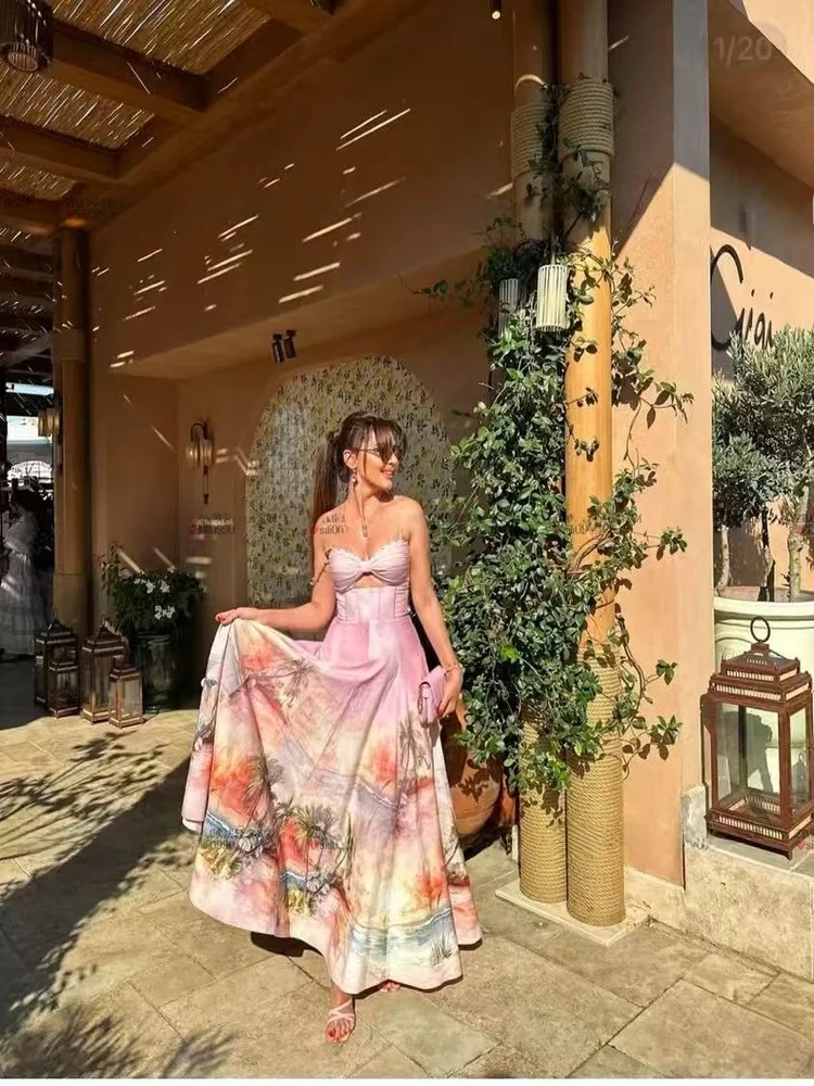   Abito Lungo Floreale con Cintura per Vacanze, in Misto Cotone, Gonna a Linea A per Donne