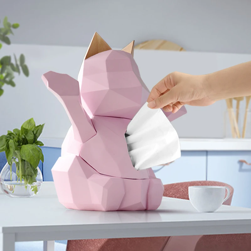 Large Lucky Cat Resin Tissue Boxes European Modern Geometry Animal Decorative Ornaments Home Coffee Table Desktop Napkin Holder