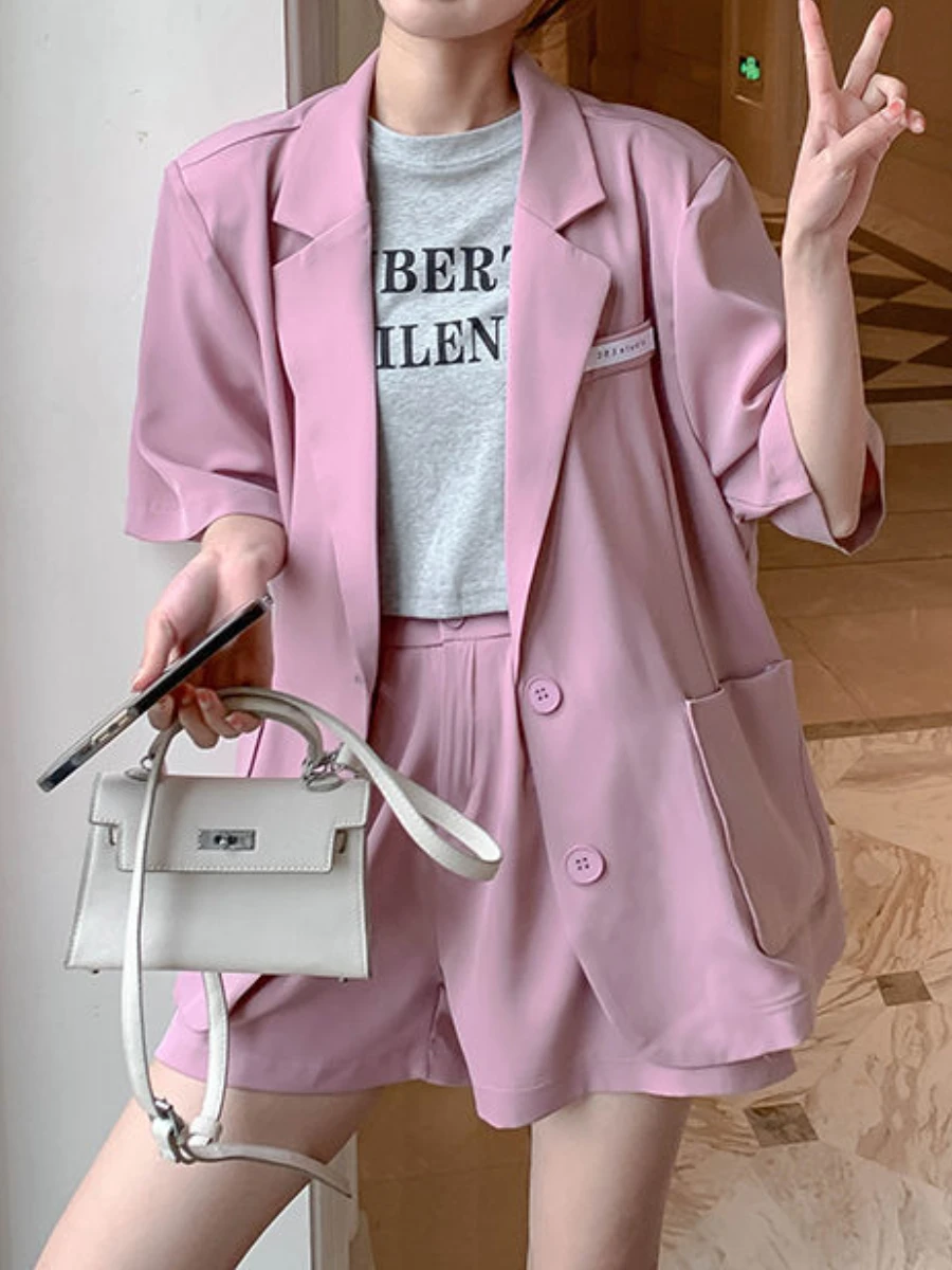 Suit Jacket Women Fashion Set Thin Casual Shorts Two-piece Loose Fitting Commuting Wear Summer Office Ladies Solid Outfits