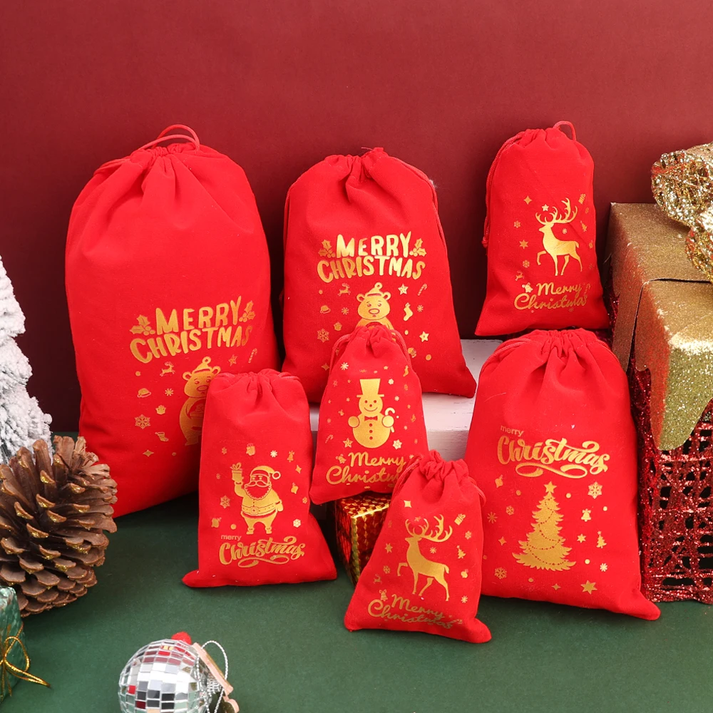 1/10pcs Xmas Patterns Velvet Bags Christmas Candy Gift Bag Drawstring Pouches Boutique Jewelry Packaging Bags Party Decorations