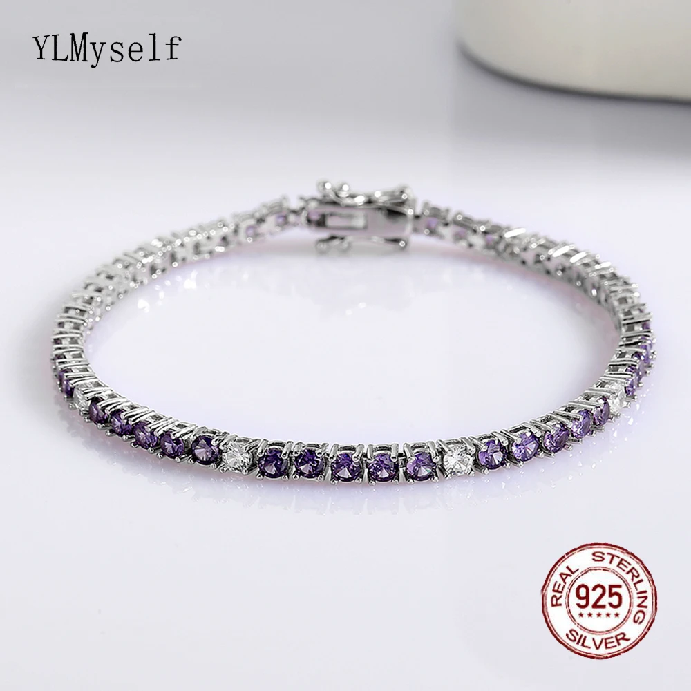 3 mm Purple Mix White Cubic Zircon Fine Jewelry For Women Solid Pure 925 Silver Tennis Bracelet